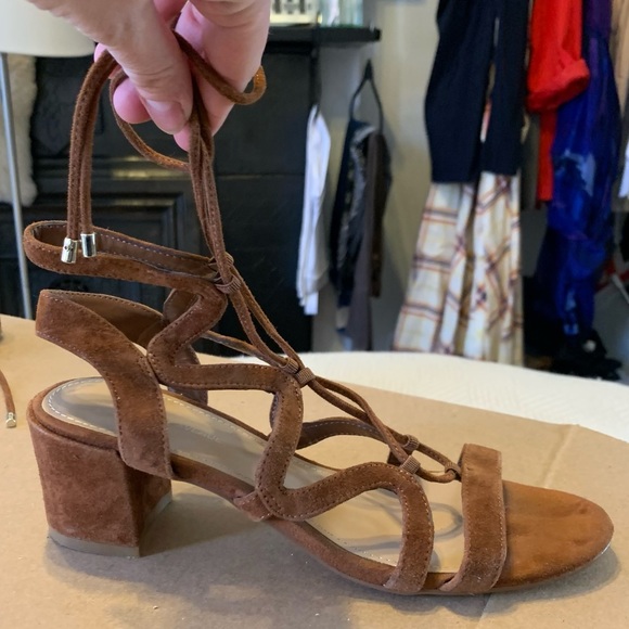 Saks Fifth Avenue Cognac Camel Brown Suede Lace Up Block Heel Sandals - 6.5 - Picture 16 of 16